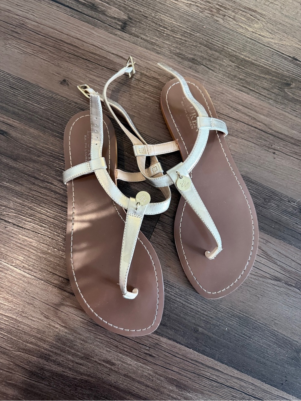 Ralph Lauren Metallic Gold T-Strap Leather Sandals